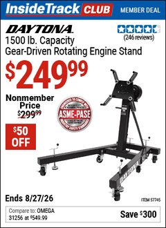 Harbor Freight ITC Coupon DAYTONA 1500 LB. CAPACITY GEAR-DRIVEN ROTATING ENGINE STAND Lot No. 57745 Valid Thru: 8/27/26 - $249.99