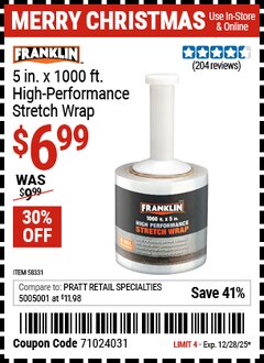 Harbor Freight Coupon FRANKLIN 5 IN. X 1000 FT. HIGH PERFORMANCE STRETCH WRAP Lot No. 58331 Expired: 12/28/25 - $6.99