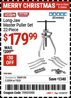 Harbor Freight Coupon ICON LONG JAW MASTER PULLER SET, 22-PIECE Lot No. 58003 Expired: 12/28/25 - $179.99