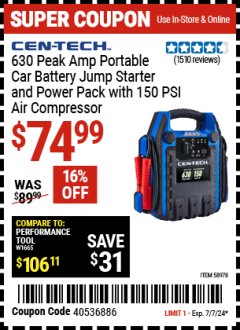 Harbor Freight Coupon CEN-TECH 630 AMP JUMP PACK AND AIR COMPRESSOR Lot No. 58978 Expired: 7/7/24 - $74.99