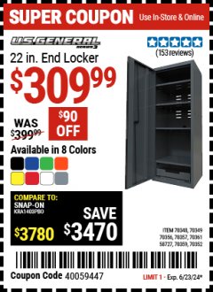Harbor Freight Coupon U.S. GENERAL 22 IN. END LOCKER, SERIES 3 Lot No. 58727, 70348, 70349, 70352, 70356, 70357, 70359, 70361 Expired: 6/23/24 - $309.99