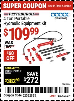 Harbor Freight Coupon 4 TON PORTABLE HYDRAULIC EQUIPMENT KIT Lot No. 58204 Expired: 6/23/24 - $109.99
