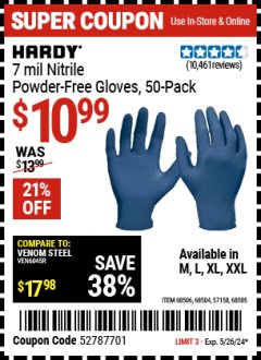 Harbor Freight Coupon HARDY 7 MIL NITRILE POWDER-FREE GLOVES, 50-PACK Lot No. 68506, 68504, 57158, 68505 Expired: 5/26/24 - $10.99