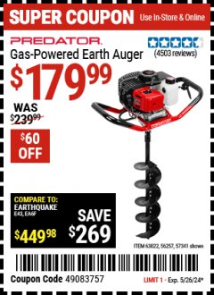 Harbor Freight Coupon PREDATOR GAS-POWERED EARTH AUGER Lot No. 63022, 56257, 57341 Expired: 5/26/24 - $179.99