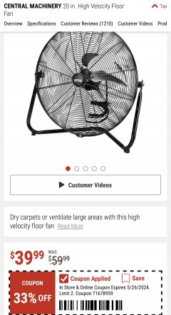 Harbor Freight Coupon 20 IN. HIGH-VELOCITY FLOOR FAN Lot No. 57880 Expired: 5/26/24 - $39.99