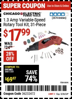 Harbor Freight Coupon CHICAGO ELECTRIC 1.3 AMP VARIABLE-SPEED ROTARY TOOL KIT, 31-PIECE Lot No. 68696 Expired: 5/26/24 - $17.99