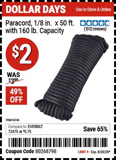 Harbor Freight Coupon PARACORD, 1/8 IN. X 50 FT. WITH 160 LB. CAPACITY Lot No. 56740 Expired: 8/26/26 - $2