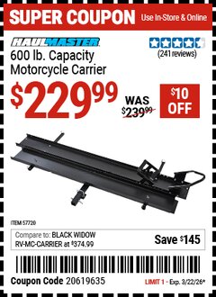 Harbor Freight Coupon HAUL-MASTER 600 LB. CAPACITY MOTORCYCLE CARRIER Lot No. 57720 Valid Thru: 3/22/26 - $229.99