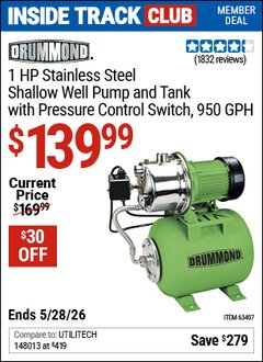 Harbor Freight ITC Coupon DRUMMOND 1 HP STAINLESS STEEL SHALLOW WELL PUMP AND TANK WITH PRESSURE CONTROL SWITCH, 950 GPH Lot No. 63407 Expired: 5/28/26 - $139.99