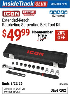 Harbor Freight ITC Coupon ICON EXTENDED-REACH RATCHETING SERPENTINE BELT TOOL KIT Lot No. 58396 Valid Thru: 8/27/26 - $49.99