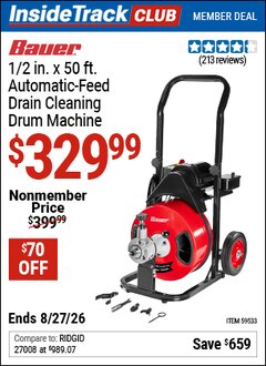 Harbor Freight ITC Coupon BAUER 1/2 IN. X 50 FT. AUTOMATIC-FEED DRAIN CLEANING DRUM MACHINE Lot No. 59533 Valid Thru: 8/27/26 - $329.99