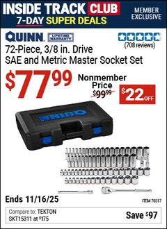 Harbor Freight ITC Coupon QUINN 3/8 IN. DRIVE, SAE AND METRIC MASTER SOCKET SET, 72-PIECE Lot No. 70317 Expired: 11/16/25 - $77.99