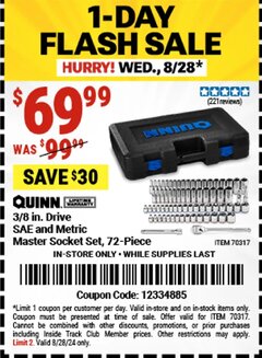 Harbor Freight Coupon QUINN 3/8 IN. DRIVE, SAE AND METRIC MASTER SOCKET SET, 72-PIECE Lot No. 70317 Expired: 8/28/24 - $69.99