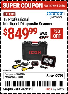 Harbor Freight Coupon ICON T8 PROFESSIONAL INTELLIGENT DIAGNOSTIC SCANNER Lot No. 57740 Expired: 2/16/26 - $849.99