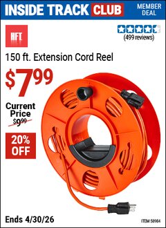 Harbor Freight Coupon HFT 150 FT. EXTENSION CORD REEL Lot No. 58984 Valid: 12/31/69 - 4/30/26 - $7.99