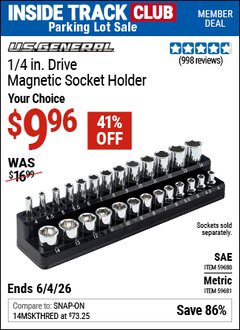Harbor Freight ITC Coupon U.S. GENERAL 1/4 IN. DRIVE MAGNETIC SOCKET HOLDER Lot No. 59680/59681 Expired: 6/4/26 - $9.96