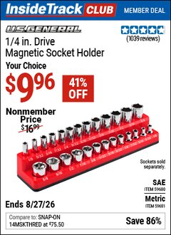 Harbor Freight ITC Coupon U.S. GENERAL 1/4 IN. DRIVE MAGNETIC SOCKET HOLDER Lot No. 59680/59681 Valid Thru: 8/27/26 - $9.96