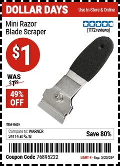 Harbor Freight Coupon MINI RAZOR BLADE SCRAPER Lot No. 98039 Expired: 5/20/26 - $1