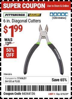 Harbor Freight Coupon PITTSBURGH 6 IN. DIAGONAL CUTTERS Lot No. 63816 Valid Thru: 8/16/26 - $1.99