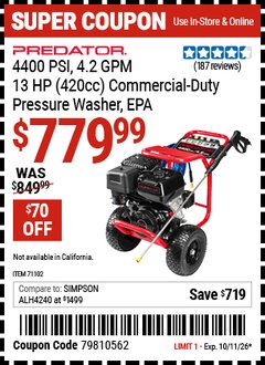 Harbor Freight Coupon PREDATOR 4400 PSI, 4.2 GPM, 13 HP (420CC) COMMERCIAL-DUTY PRESSURE WASHER, EPA Lot No. 71102 Expired: 10/11/26 - $779.99