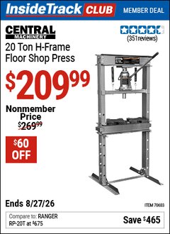 Harbor Freight ITC Coupon CENTRAL MACHINERY 20 TON H-FRAME FLOOR SHOP PRESS Lot No. 70603 Valid Thru: 8/27/26 - $209.99