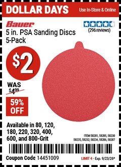 Harbor Freight Coupon BAUER 5 IN. PSA SANDING DISCS WITH ZIRCONIA ALUMINA GRAIN, 5-PACK Lot No. 58230/58232/58234/58235/58281/58285/58286/58287 Valid Thru: 9/23/26 - $2