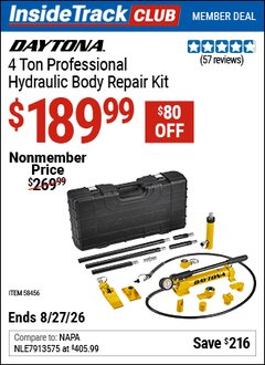 Harbor Freight ITC Coupon DAYTONA 4 TON PROFESSIONAL HYDRAULIC BODY REPAIR KIT Lot No. 58456 Valid Thru: 8/27/26 - $189.99