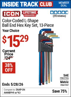 Harbor Freight ITC Coupon ICON COLOR-CODED L-SHAPE BALL END HEX KEY SET, 13-PIECE Lot No. 57927/57926 Expired: 5/28/26 - $15.29