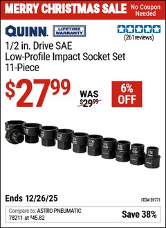 Harbor Freight Coupon QUINN 1/2 IN. DRIVE SAE LOW-PROFILE IMPACT SOCKET SET, 11-PIECE Lot No. 59771 Valid Thru: 12/26/25 - $27.99
