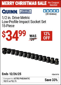 Harbor Freight Coupon QUINN 1/2 IN. DRIVE METRIC LOW-PROFILE IMPACT SOCKET SET, 15-PIECE Lot No. 59770 Valid Thru: 12/26/25 - $34.99