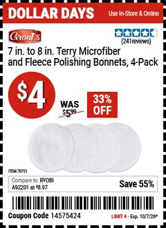 Harbor Freight Coupon GRANT'S 7 IN. TO 8 IN. TERRY MICROFIBER AND FLEECE POLISHING BONNETS, 4-PACK Lot No. 70751 Expired: 10/7/26 - $4