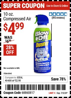 Harbor Freight Coupon BLOW OFF DUSTER 10 OZ. COMPRESSED AIR Lot No. 65945 Expired: 7/5/26 - $4.99