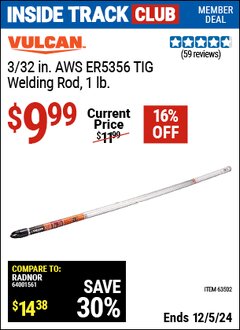 Harbor Freight ITC Coupon VULCAN 3/32 IN. AWS ER5356 TIG WELDING ROD, 1 LB. Lot No. 63502 Expired: 12/5/24 - $9.99