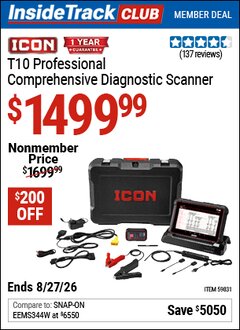 Harbor Freight ITC Coupon ICON T10 PROFESSIONAL COMPREHENSIVE DIAGNOSTIC SCANNER Lot No. 59831 Valid Thru: 8/27/26 - $1499.99