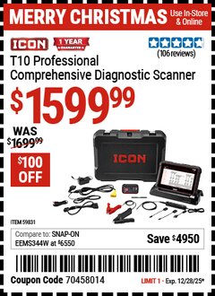 Harbor Freight Coupon ICON T10 PROFESSIONAL COMPREHENSIVE DIAGNOSTIC SCANNER Lot No. 59831 Expired: 12/28/25 - $1599.99