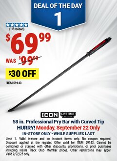 Harbor Freight Coupon ICON 58 IN. PROFESSIONAL PRY BAR WITH CURVED TIP Lot No. 59143 Expired: 9/22/25 - $69.99