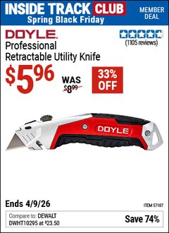 Harbor Freight ITC Coupon DOYLE PROFESSIONAL RETRACTABLE UTILITY KNIFE Lot No. 57107 Expired: 4/9/26 - $5.96