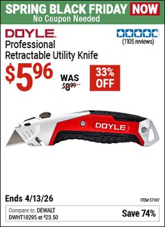 Harbor Freight Coupon DOYLE PROFESSIONAL RETRACTABLE UTILITY KNIFE Lot No. 57107 Expired: 4/12/26 - $5.96