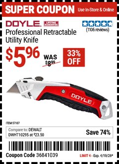 Harbor Freight Coupon DOYLE PROFESSIONAL RETRACTABLE UTILITY KNIFE Lot No. 57107 Expired: 4/19/26 - $5.96