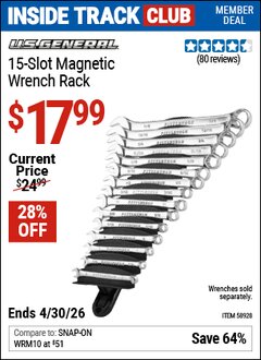 Harbor Freight Coupon U.S. GENERAL 15-SLOT MAGNETIC WRENCH RACK Lot No. 58928 Valid: 12/31/69 - 4/30/26 - $17.99
