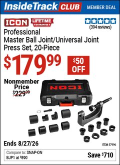 Harbor Freight ITC Coupon ICON PROFESSIONAL MASTER BALL JOINT/UNIVERSAL JOINT PRESS SET, 20-PIECE Lot No. 57996 Valid Thru: 8/27/26 - $179.99