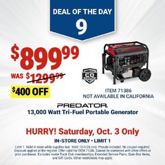 Harbor Freight Coupon PREDATOR 13,000 WATT TRI-FUEL PORTABLE GENERATOR WITH REMOTE START AND CO SECURE TECHNOLOGY Lot No. 71386/70476/72860 Expired: 10/3/26 - $899.99