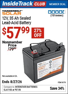 Harbor Freight ITC Coupon THUNDERBOLT SOLAR 12V, 35 AH SEALED LEAD-ACID BATTERY Lot No. 56770 Valid Thru: 8/27/26 - $57.99
