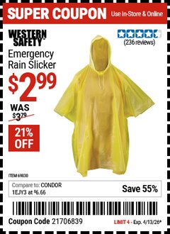 Harbor Freight Coupon WESTERN SAFETY EMERGENCY RAIN SLICKER Lot No. 69830 Valid Thru: 4/13/26 - $2.99