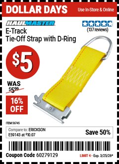 Harbor Freight Coupon HAUL-MASTER E-TRACK TIE-OFF STRAP WITH D-RING Lot No. 56745 Valid Thru: 3/25/26 - $5
