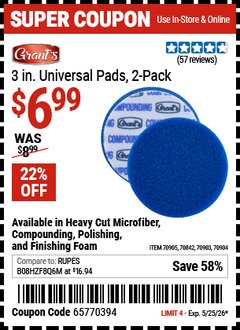 Harbor Freight Coupon GRANT'S 3 IN. UNIVERSAL PADS, 2-PACK Lot No. 70842/70903/70904/70905 Expired: 5/25/26 - $6.99