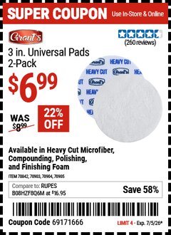 Harbor Freight Coupon GRANT'S 3 IN. UNIVERSAL PADS, 2-PACK Lot No. 70842/70903/70904/70905 Expired: 7/5/26 - $6.99
