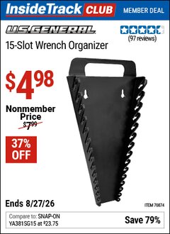 Harbor Freight ITC Coupon U.S. GENERAL 15-SLOT WRENCH ORGANIZER Lot No. 70874 Valid Thru: 8/27/26 - $4.98
