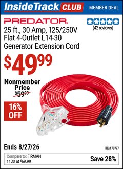 Harbor Freight ITC Coupon PREDATOR 25 FT., 30 AMP, 125/250V FLAT 4-OUTLET L14-30 GENERATOR EXTENSION CORD Lot No. 70797 Valid Thru: 8/27/26 - $49.99