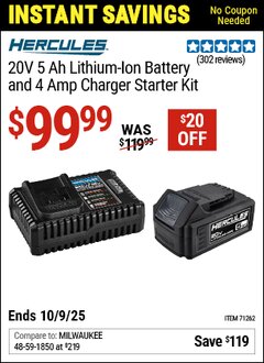 Harbor Freight Coupon HERCULES 20V 5 AH LITHIUM-ION BATTERY AND 4 AMP CHARGER STARTER KIT Lot No. 71262 Expired: 10/9/25 - $99.99